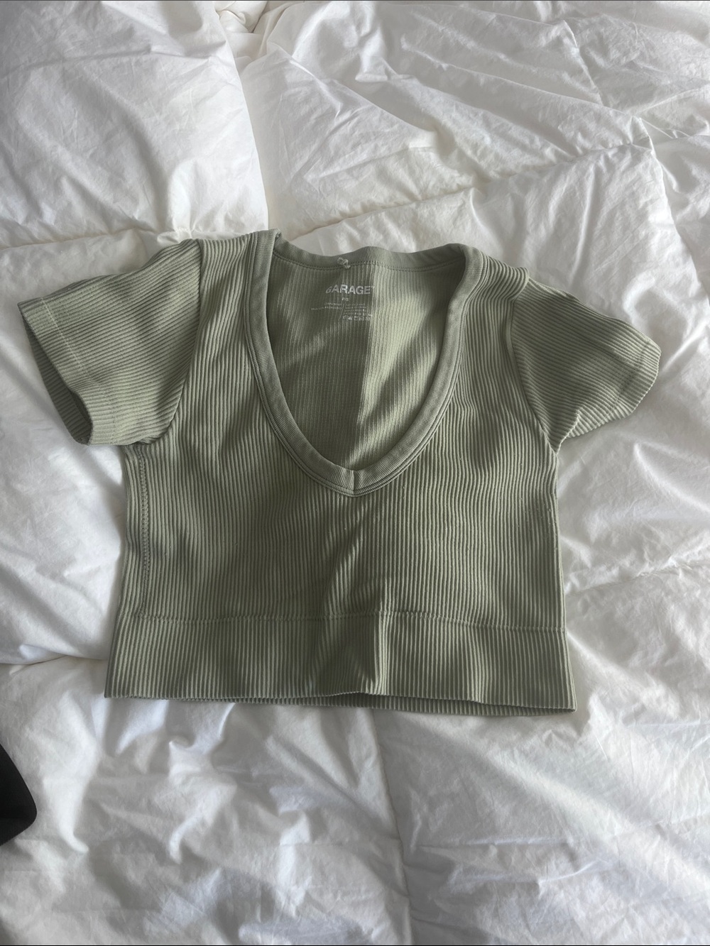 Garage Light Sage Ribbed V-Neck Cropped Tee